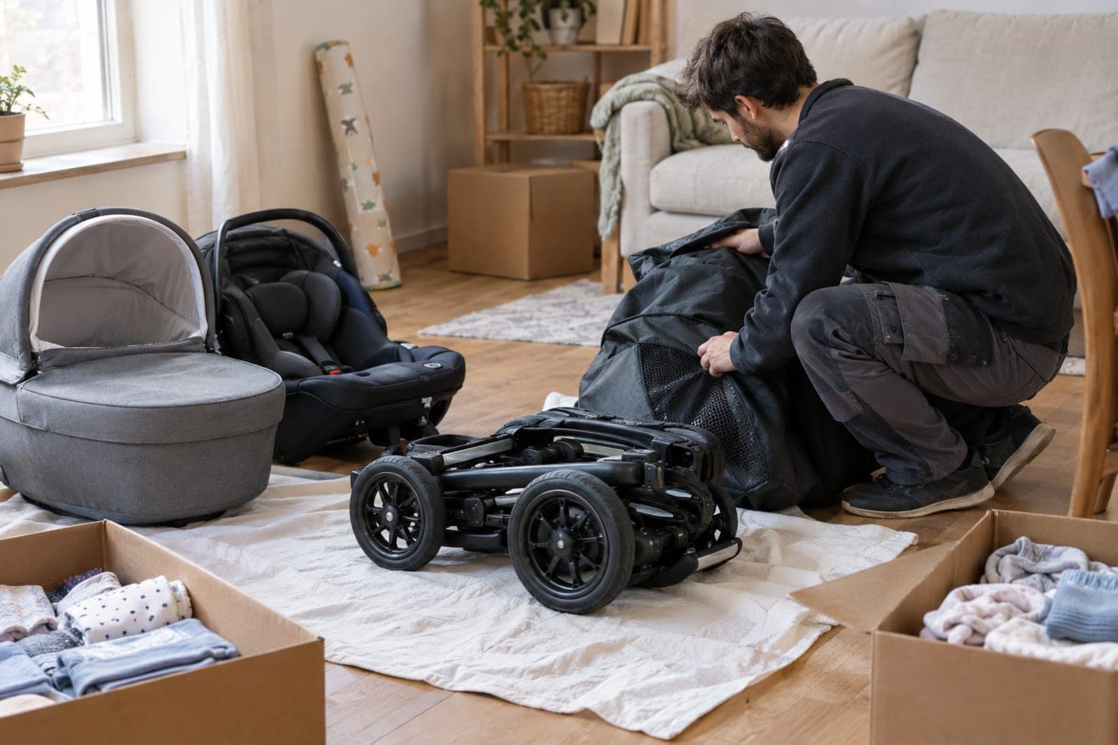Stocker une poussette trio : propre, sec, accessible